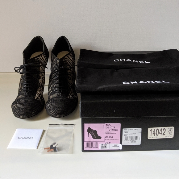 CHANEL Black Lace Up Mesh Pearl Heels Booties 39.5 - Picture 2 of 13